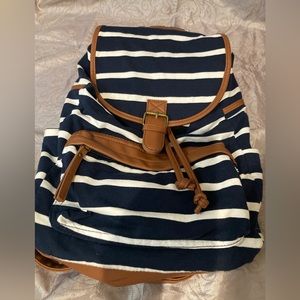 Steve Madden Navy & White striped backpack w/brown genuine leather straps